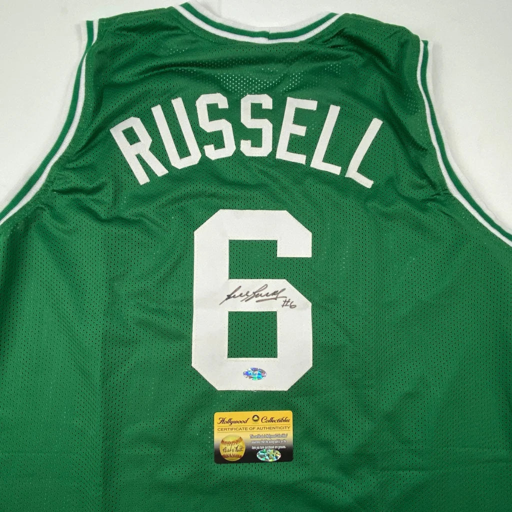 Autographed Bill Russell green custom jersey with number 6, Boston Celtics