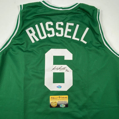 Autographed Bill Russell green custom jersey with number 6, Boston Celtics