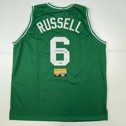 Autographed Bill Russell green custom jersey with number 6, professional sports league