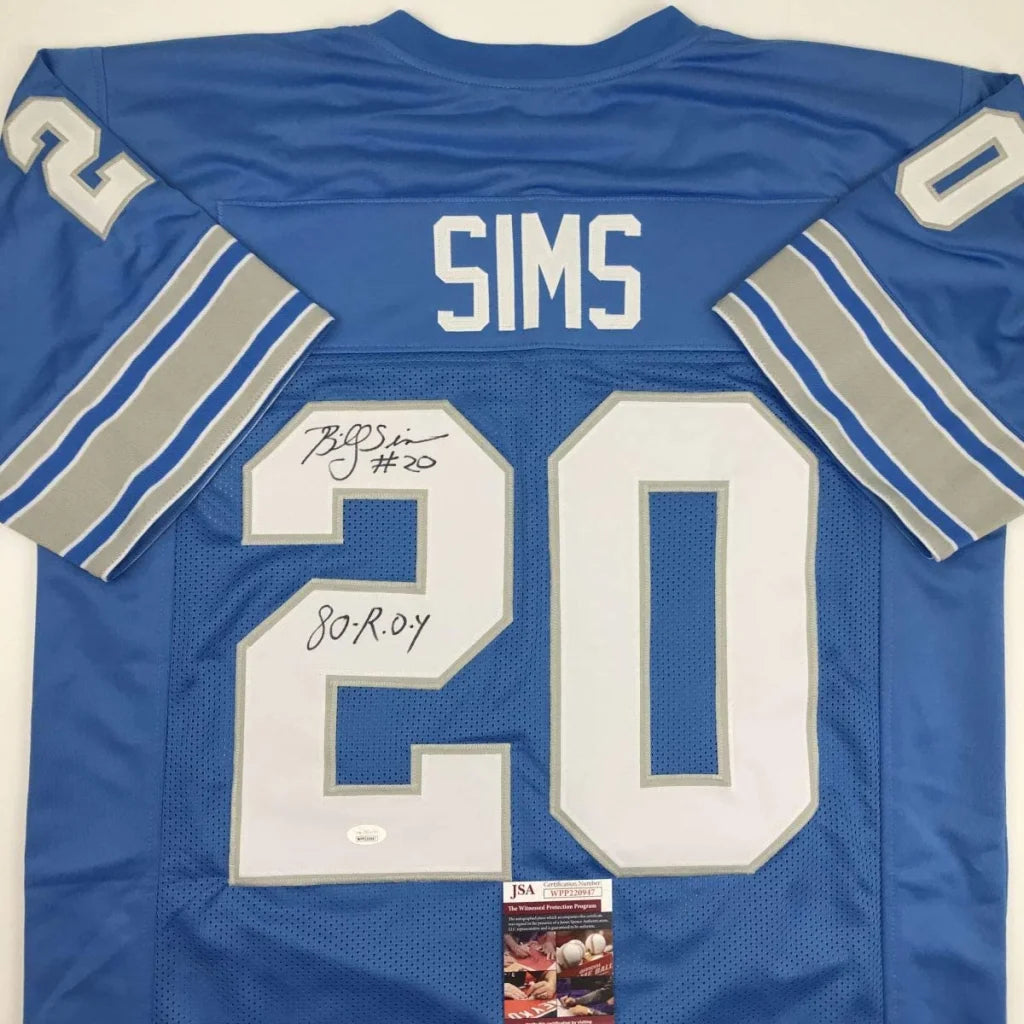 Autographed Billy Sims 80 ROY Detroit Blue Football Jersey JSA COA | Certified Authentic Signed Memorabilia | vintageantiquesgifts.com