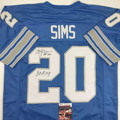 Autographed Billy Sims 80 ROY Detroit Blue Football Jersey JSA COA | Certified Authentic Signed Memorabilia | vintageantiquesgifts.com