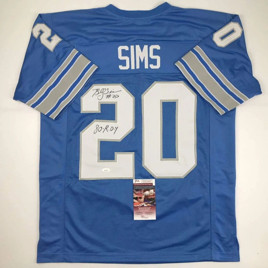 Autographed Billy Sims 80 ROY Detroit Blue Football Jersey JSA COA | Hall of Fame Sports Memorabilia | vintageantiquesgifts.com