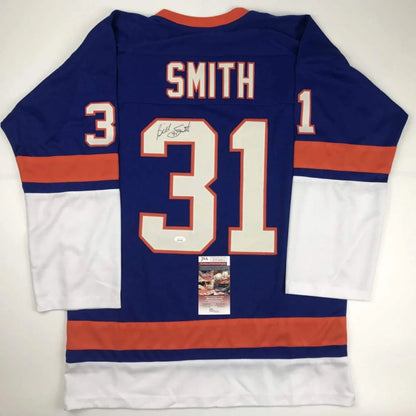 Autographed Billy Smith New York Blue Hockey Jersey JSA COA | Hall of Fame Sports Memorabilia | vintageantiquesgifts.com