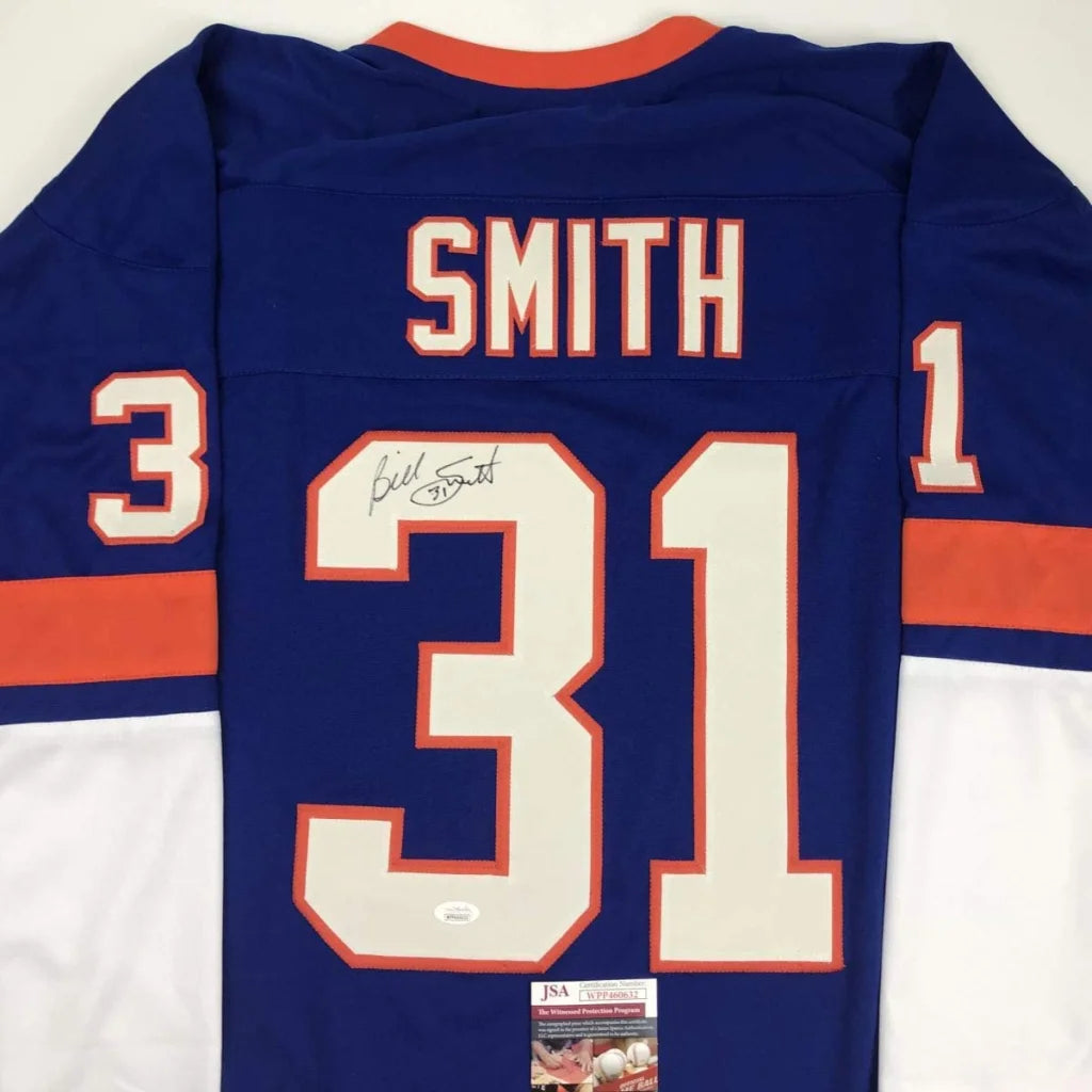 Autographed blue Smith 31 custom jersey from Bill Gutt professional sports league collectible