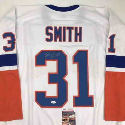 Autographed Billy Smith New York White Hockey Jersey JSA COA | Certified Authentic Signed Memorabilia | vintageantiquesgifts.com