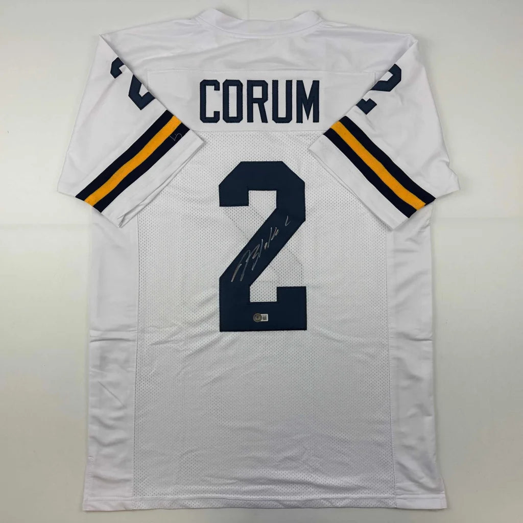Autographed Blake Corum Michigan White College Football Jersey Beckett BAS COA | Hall of Fame Sports Memorabilia | vintageantiquesgifts.com