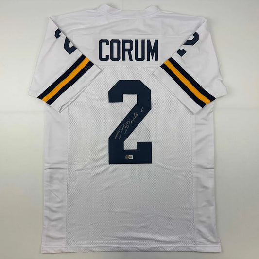 Autographed Blake Corum Michigan White College Football Jersey Beckett BAS COA | Hall of Fame Sports Memorabilia | vintageantiquesgifts.com