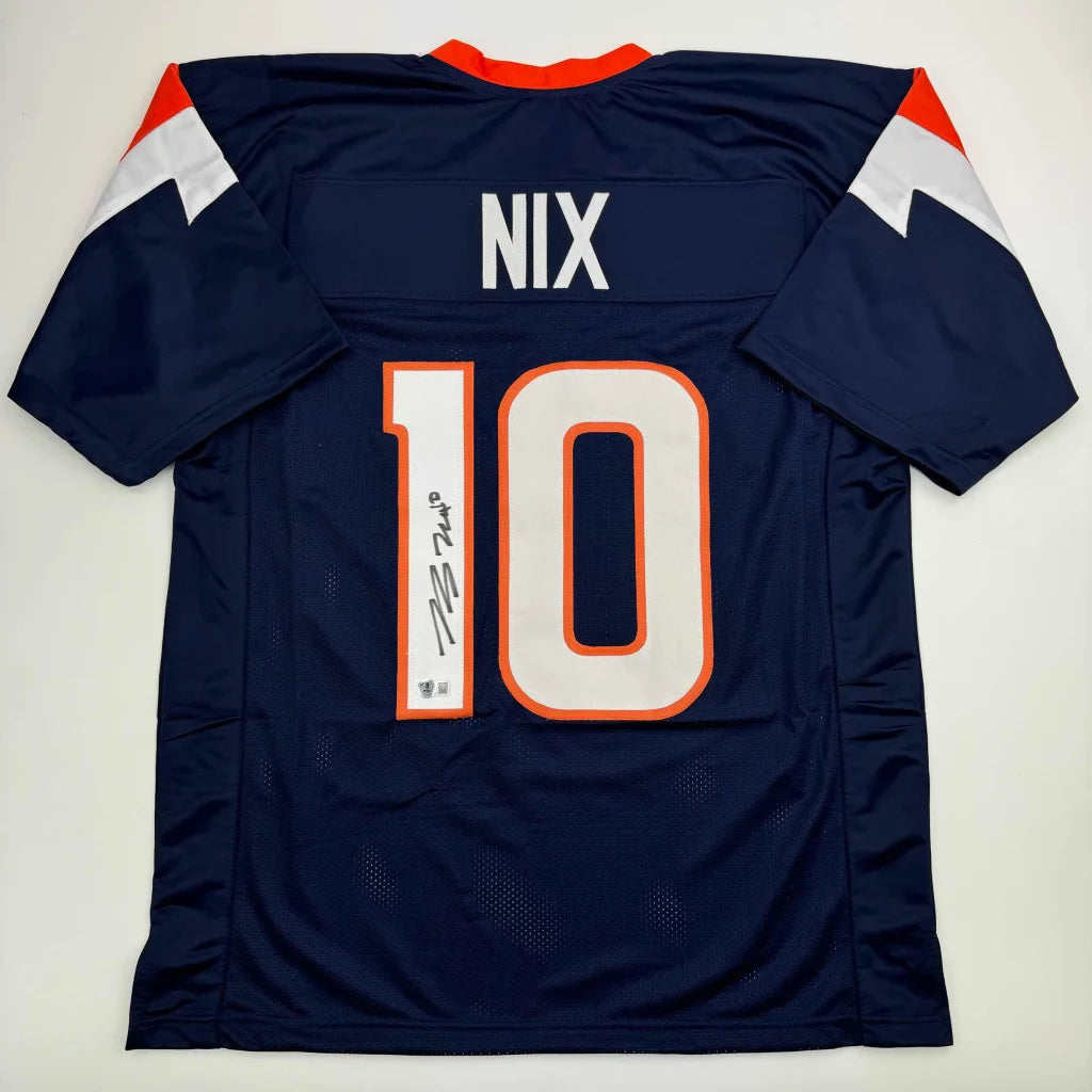 Navy blue autographed bo nix football custom jersey with orange white accents and number 10 from professional sports league