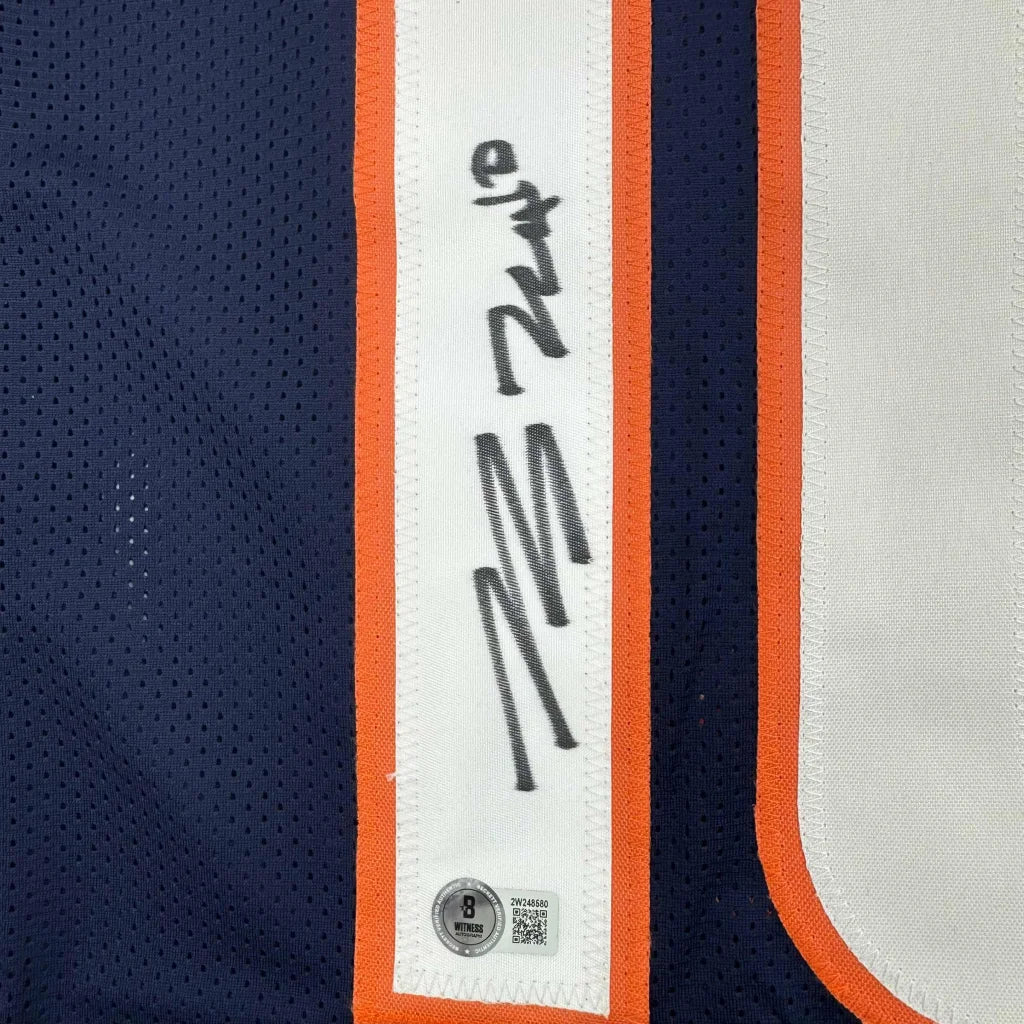 Autographed bo nix denver blue custom jersey in navy blue and orange with white stripe certified by beckett bas coa professional sports league