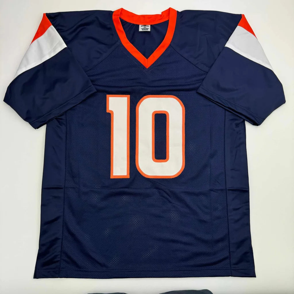 Autographed custom navy blue Bo Nix football jersey with orange and white accents for professional sports league use