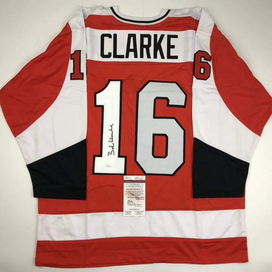 Autographed Bob Bobby Clarke Philadelphia Orange Hockey Jersey JSA COA | Hall of Fame Sports Memorabilia | vintageantiquesgifts.com