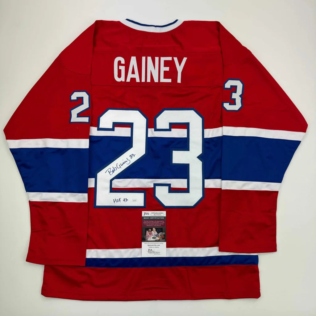 Autographed Bob Gainey Montreal Canadiens red custom jersey, HOF 1992, number 23