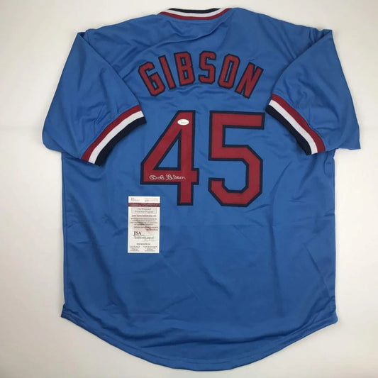 Autographed Bob Gibson St. Louis Blue Baseball Jersey JSA COA | Hall of Fame Sports Memorabilia | vintageantiquesgifts.com