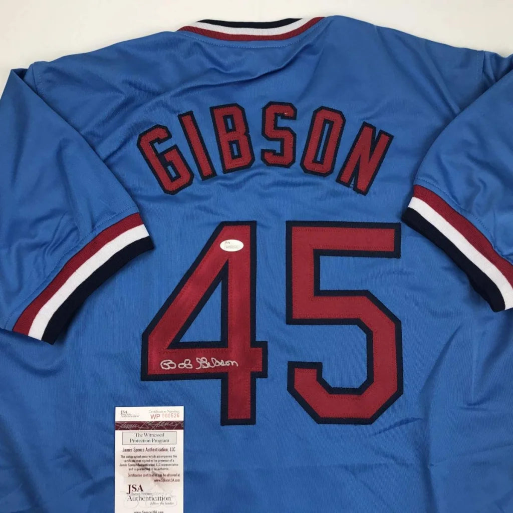 Autographed Bob Gibson St. Louis Cardinals blue custom jersey, number 45, JSA COA