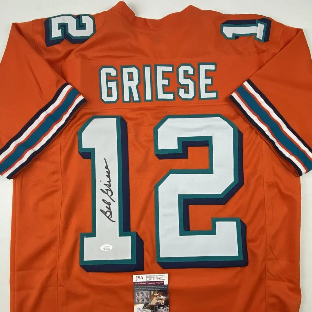 Autographed Bob Griese orange Miami Dolphins custom jersey back, JSA COA