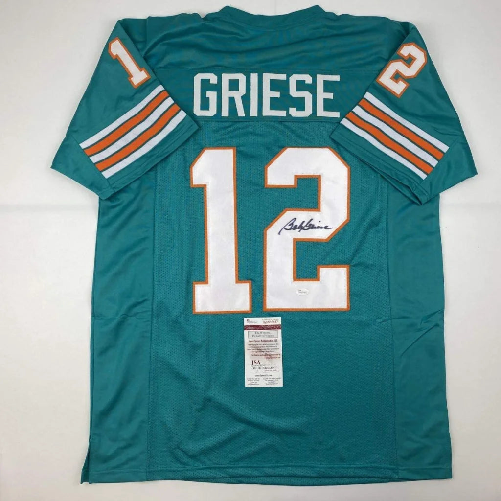 Back of autographed Bob Griese teal Miami Dolphins custom jersey, number 12