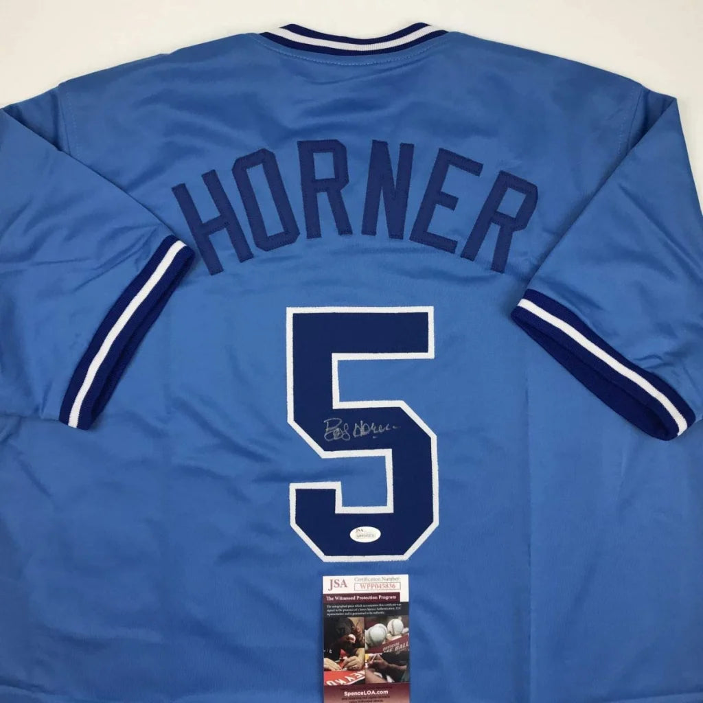 Back of autographed Bob Horner Atlanta light blue custom jersey number 5 JSA COA