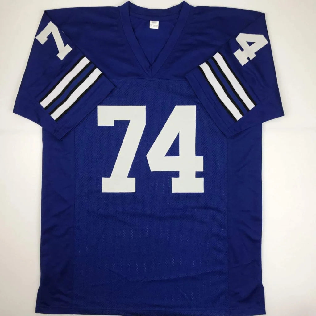 Blue custom jersey with white numbers and stripes for professional sports fans