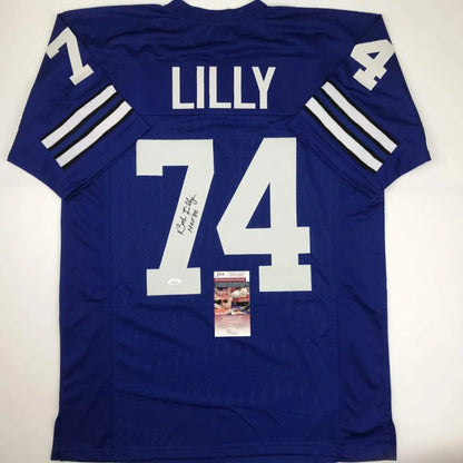 Royal blue custom jersey signed by Bob Lilly, perfect for professional sports fans