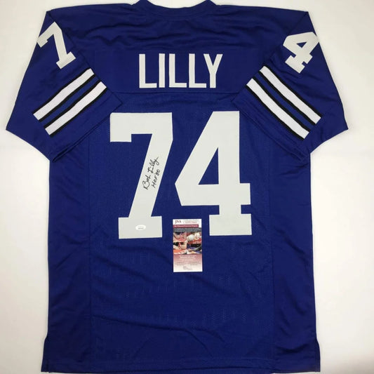 Royal blue custom jersey signed by Bob Lilly, perfect for professional sports fans
