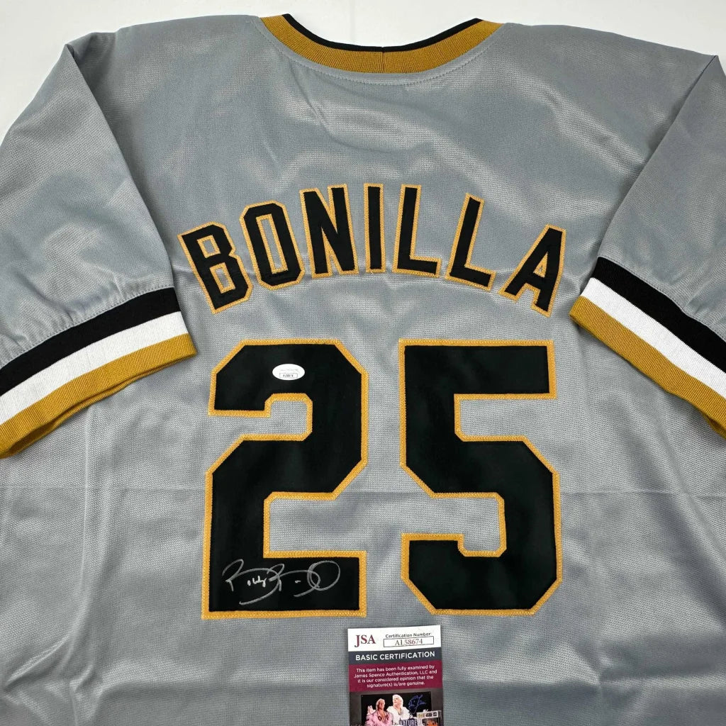 Autographed Bobby Bonilla gray custom jersey with black gold lettering, number 25, JSA COA