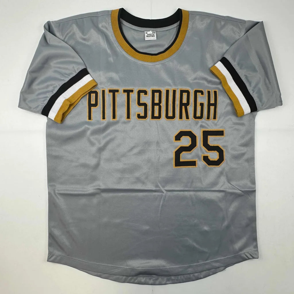 Grey baseball jersey with PITTSBURGH 25 in gold and black for professional sports fans