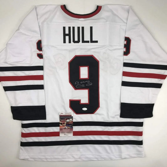 Autographed White HULL 9 custom jersey from professional sports league, perfect for fans