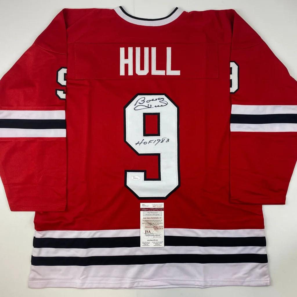 Red Bobby Hull HOF custom jersey signed by Bobby Hull with Hall of Fame inscription for professional sports fans