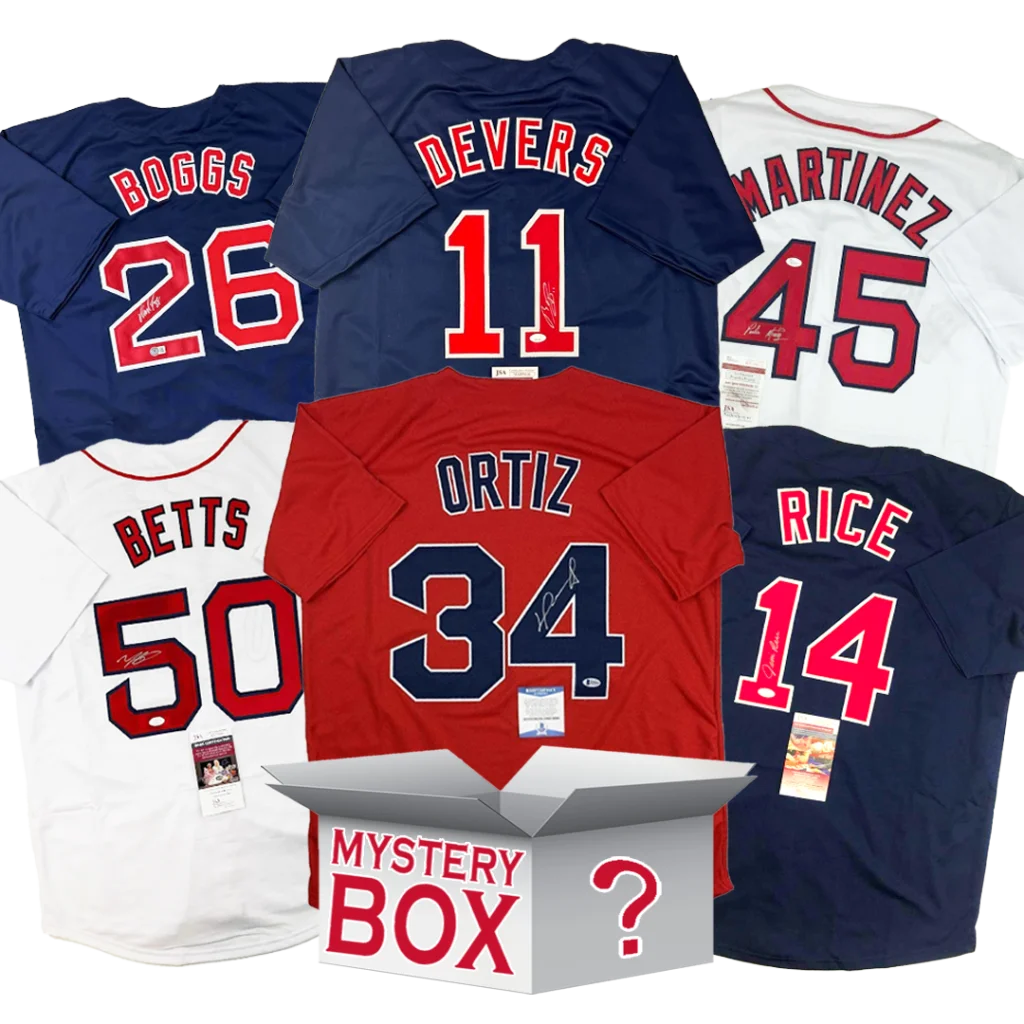 Autographed Boston baseball jerseys and mystery box in a baseball jersey mystery set