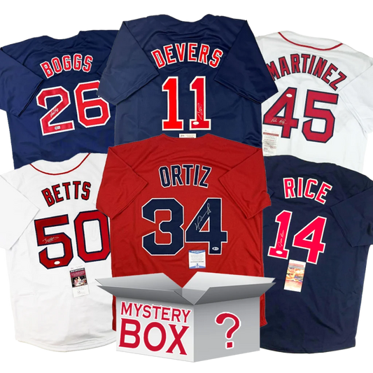 Autographed Boston baseball jerseys and mystery box in a baseball jersey mystery set