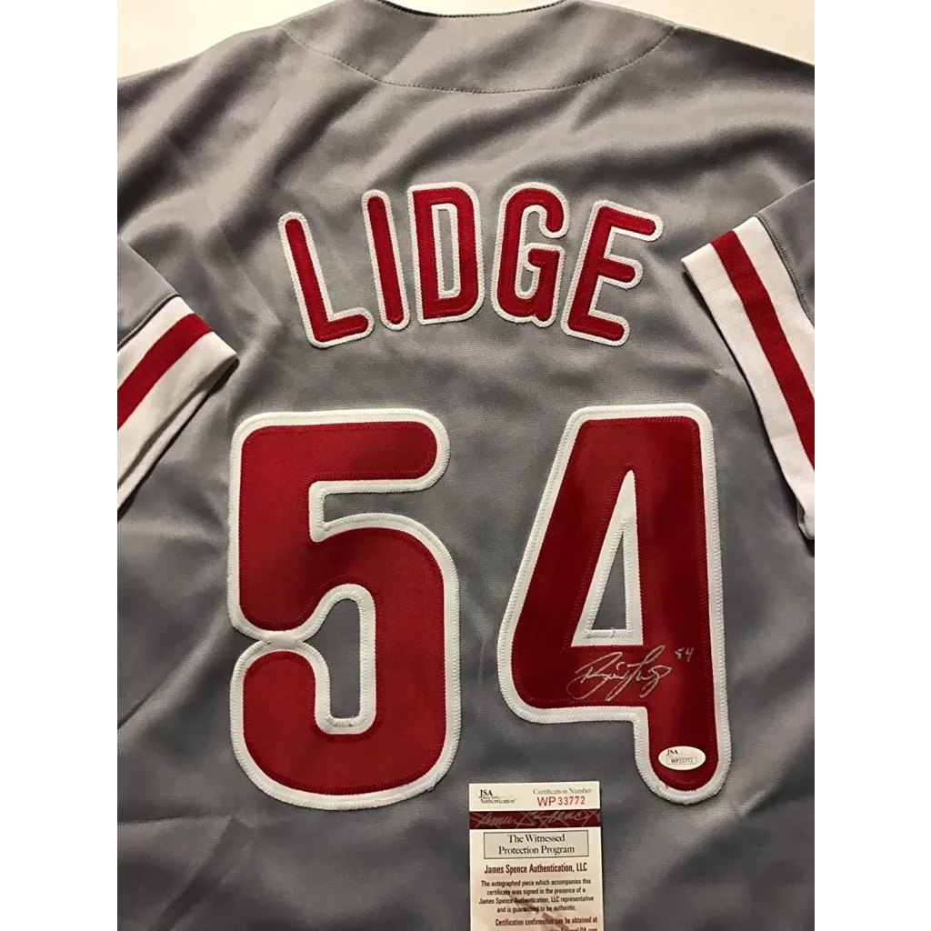 Autographed Brad Lidge Philadelphia grey baseball jersey with red white trim for professional sports fans