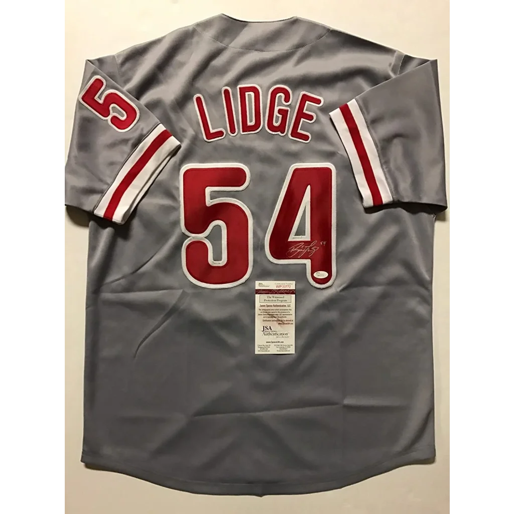 Grey Brad Lidge signed baseball jersey with JSA COA, perfect for pro sports fans