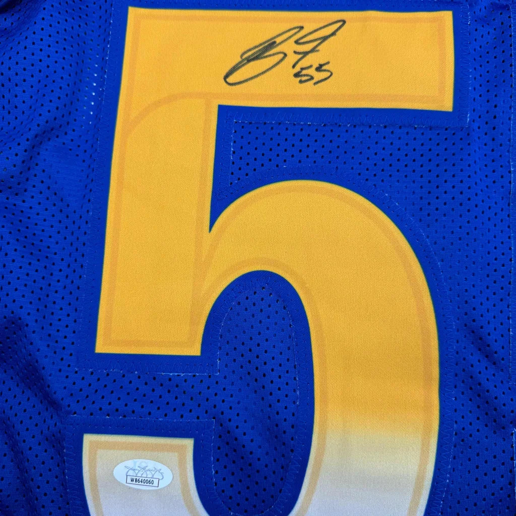 Autographed Braden Fiske custom jersey in blue and gold, number five, LA Rams professional sports league