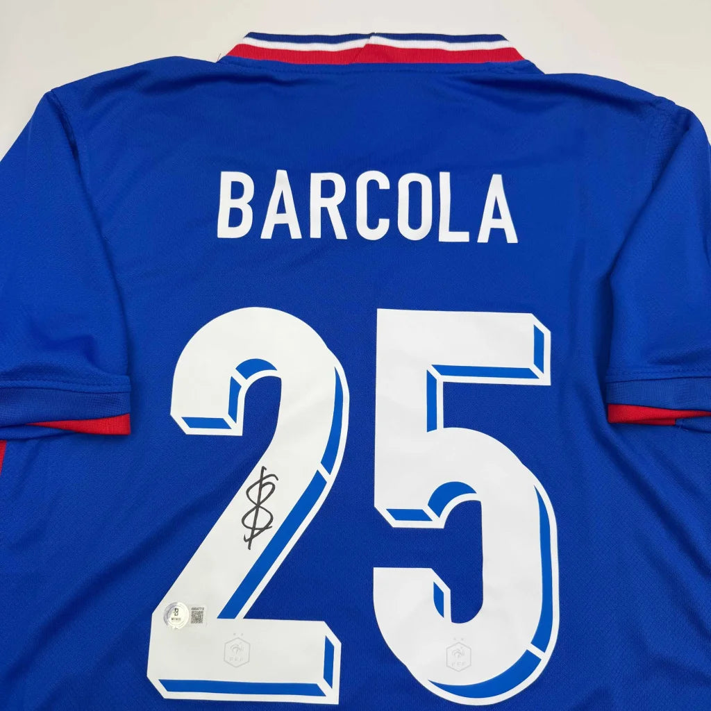 Autographed Bradley Barcola France French National Team Blue Soccer Jersey Beckett BAS COA | Certified Authentic Signed Memorabilia | vintageantiquesgifts.com