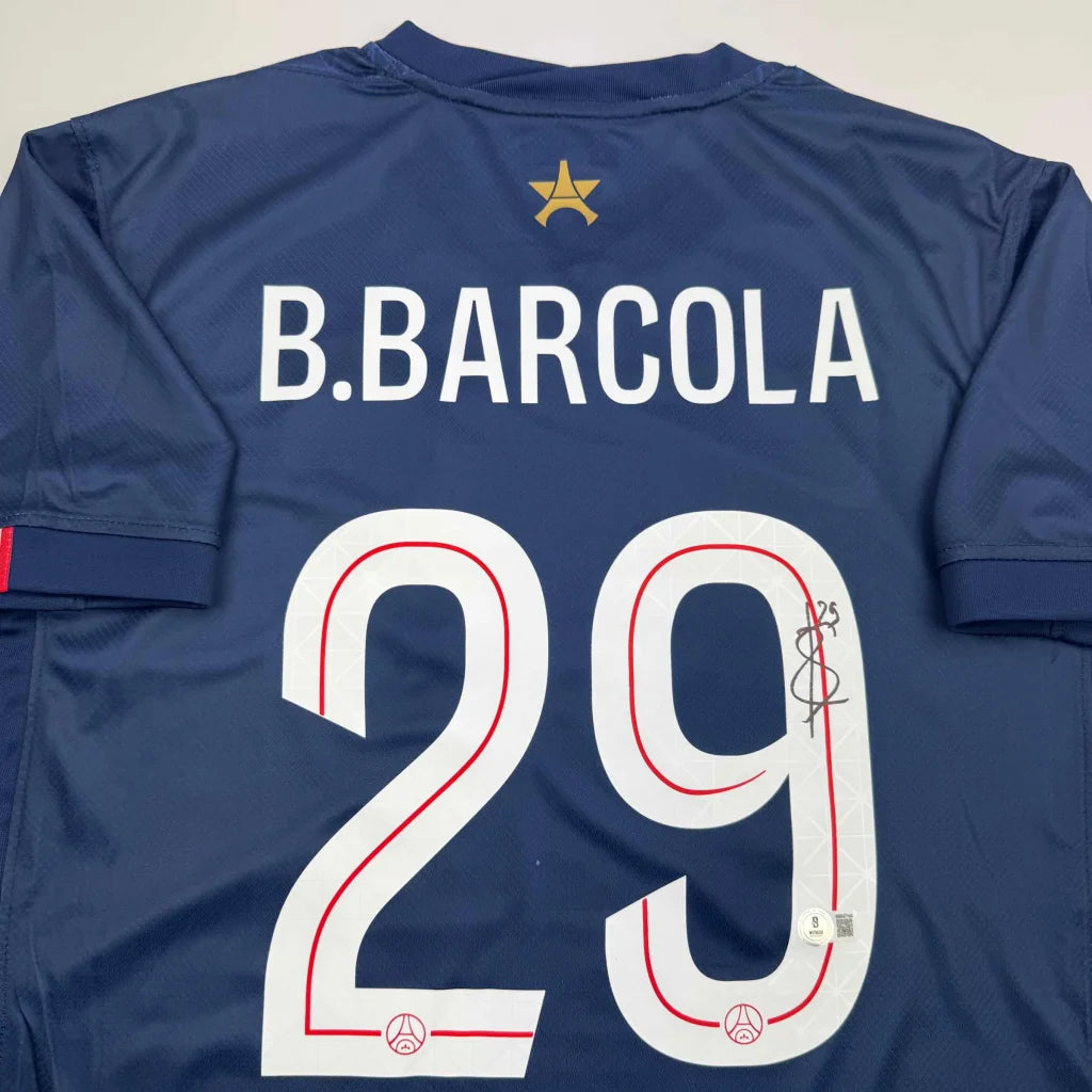 Autographed Bradley Barcola PSG Paris Saint Germain Blue Soccer Futbol Jersey Beckett BAS COA | Certified Authentic Signed Memorabilia | vintageantiquesgifts.com