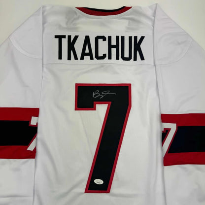 Autographed Brady Tkachuk Ottawa White Hockey Jersey JSA COA | Certified Authentic Signed Memorabilia | vintageantiquesgifts.com