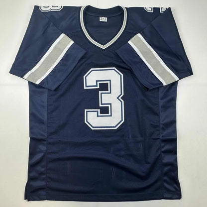 Navy blue professional sports league custom jersey with 3 on front and striped sleeves
