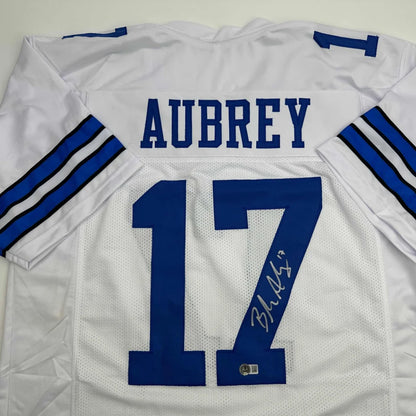 Autographed Brandon Aubrey Dallas white custom jersey with blue lettering, number 17, Beckett BAS COA