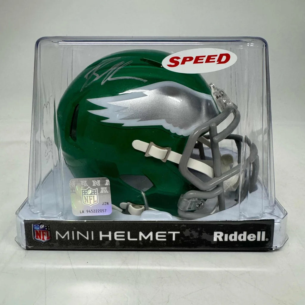 Green Philadelphia Eagles mini helmet with silver logo and third party authentication
