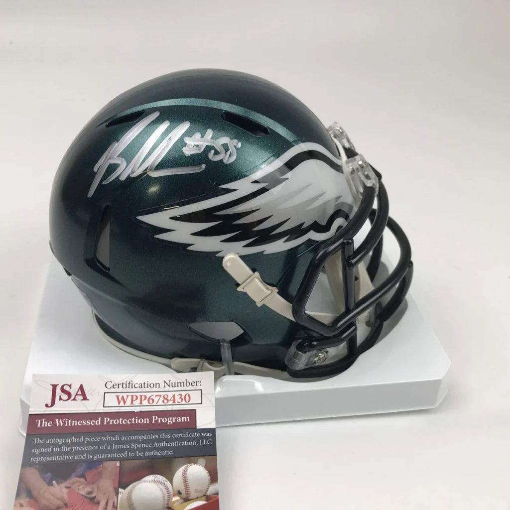 Dark green Philadelphia Eagles mini helmet with third party JSA authentication and silver autograph