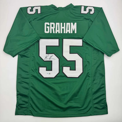 Back of autographed Brandon Graham Philadelphia Kelly green custom jersey, number 55