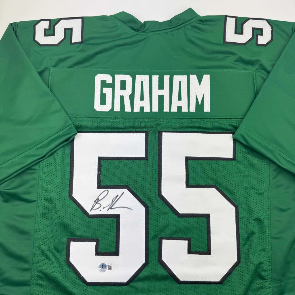 Back of autographed Brandon Graham Philadelphia Kelly green custom jersey number 55