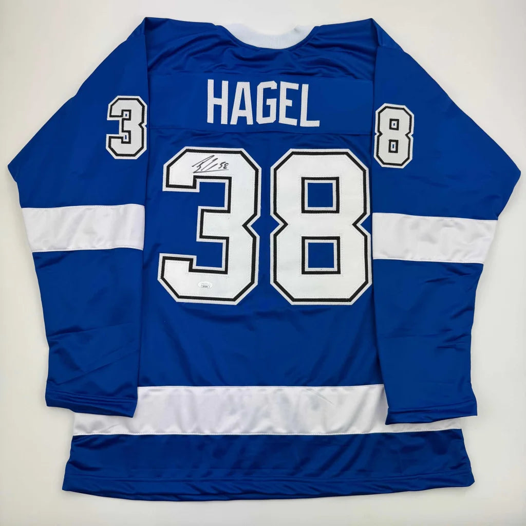 Autographed Brandon Hagel Tampa Bay Blue Hockey Jersey JSA COA | Hall of Fame Sports Memorabilia | vintageantiquesgifts.com