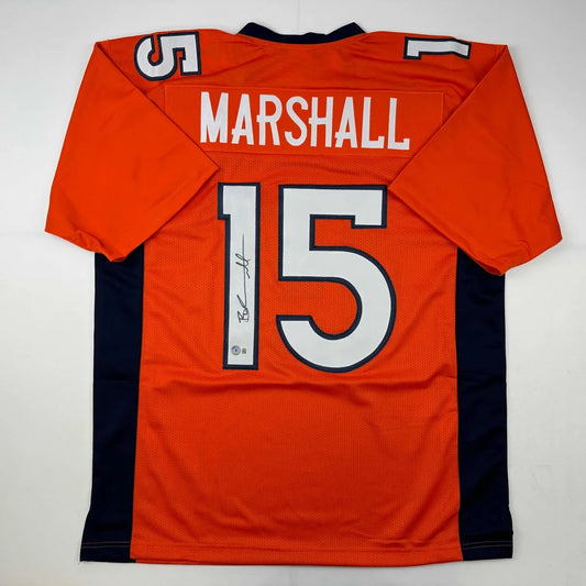 Orange and navy blue Brandon Marshall Denver personalized sports jersey with Beckett BAS COA