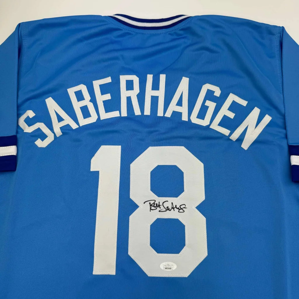 Autographed Bret Saberhagen custom jersey in Kansas City light blue with number 18, JSA COA