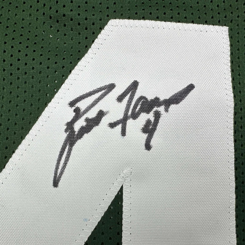 Autographed green sports jersey with white numbers from Brett Favre professional sports league