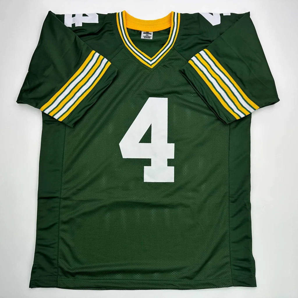 Green and yellow short-sleeved Brett Favre professional sports league jersey with number 4