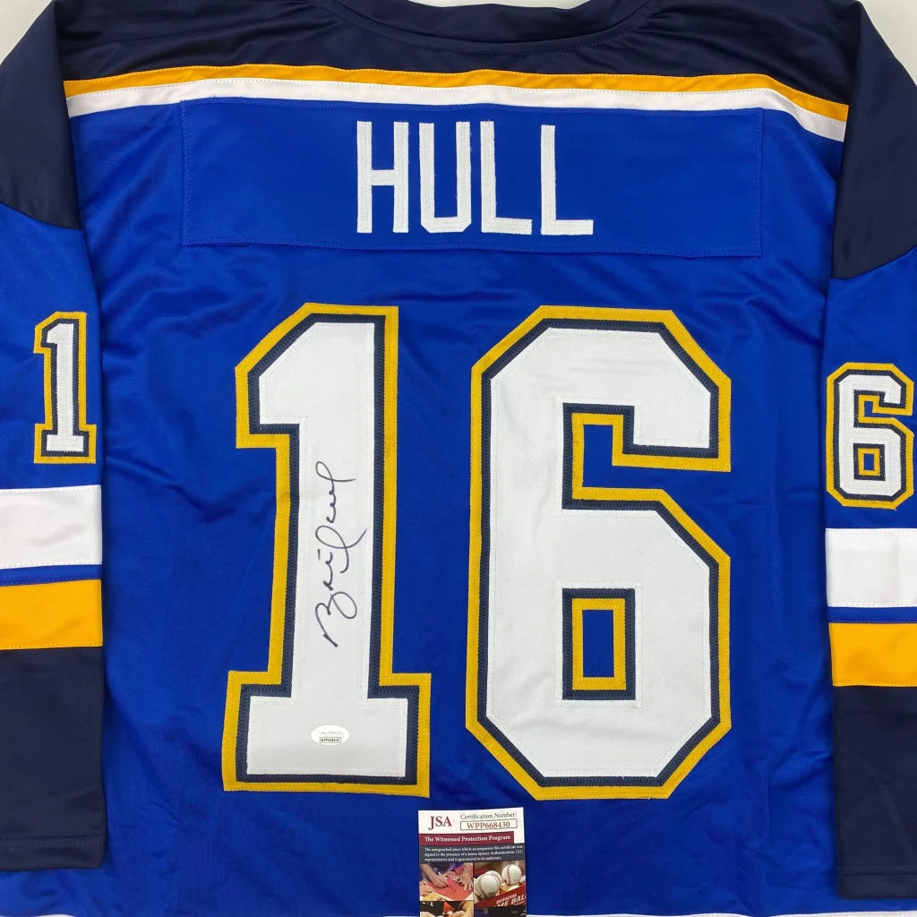 Autographed Brett Hull St. Louis Blue White Numbers Hockey Jersey JSA COA | Certified Authentic Signed Memorabilia | vintageantiquesgifts.com