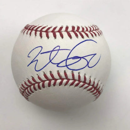 White baseball with red stitching and blue autograph from Authentic MLB Autographed Baseball with JSA Certification