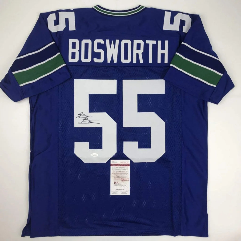 Brian Bosworth signed custom jersey, blue with white and green accents, pro sports icon